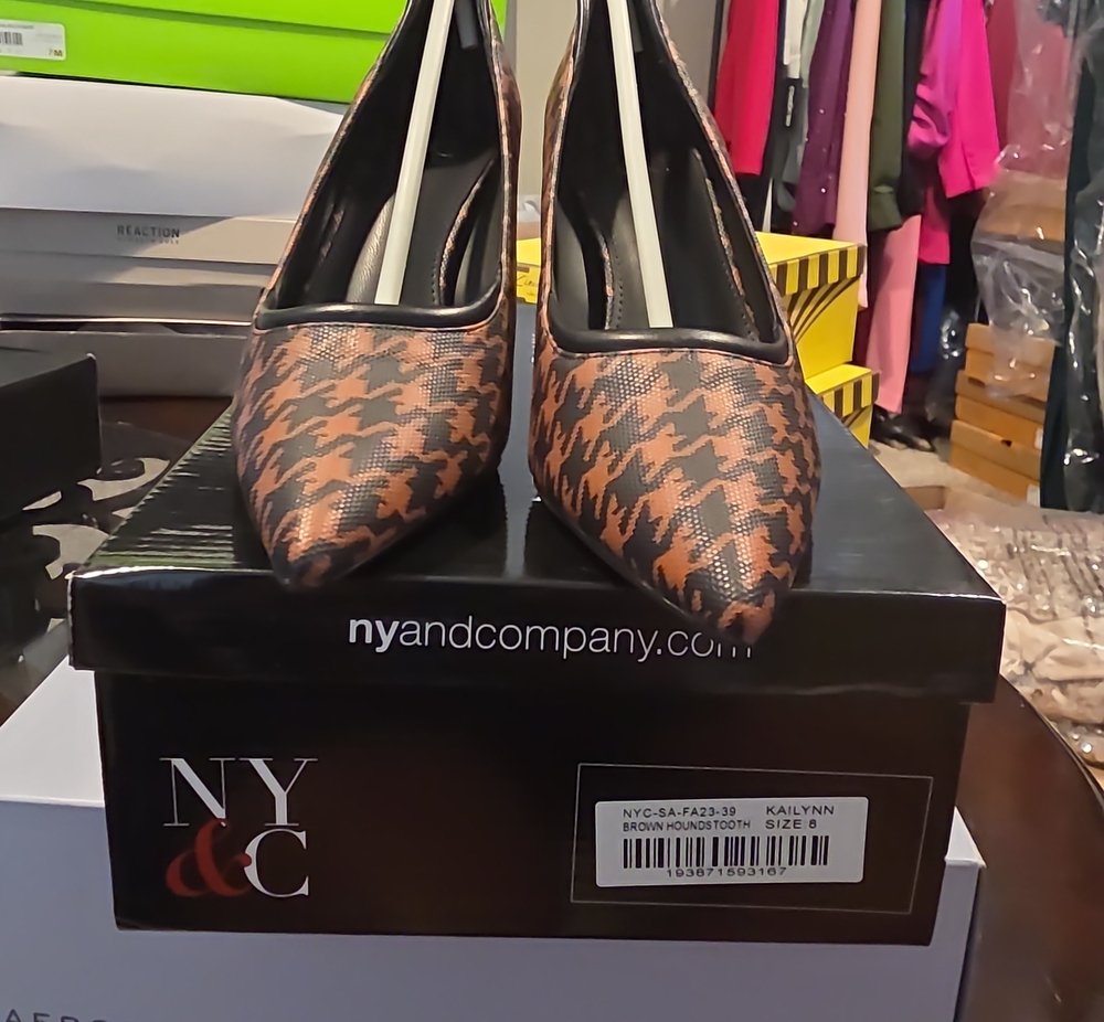 New York & Company Brown Houndstooth Pointed-Toe Pumps